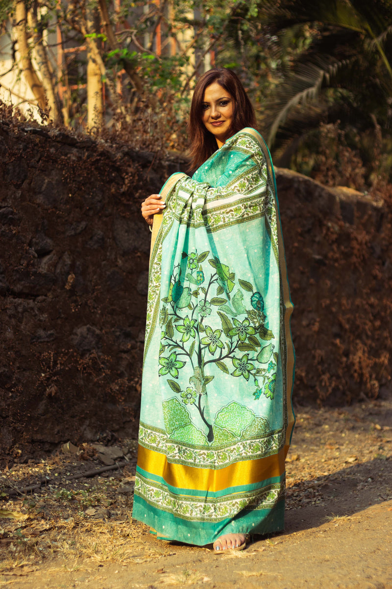 Cotton Kasavu Saree,Tree of Life Design • Sea Green-9