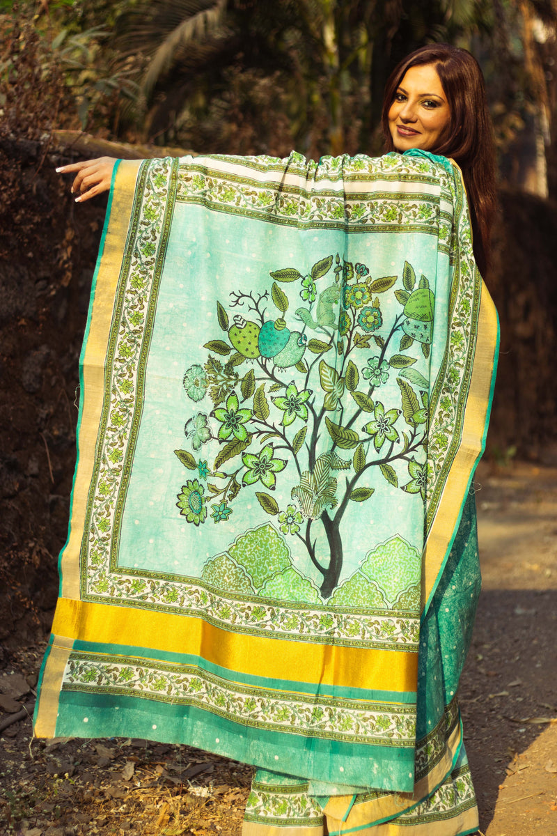 Cotton Kasavu Saree,Tree of Life Design • Sea Green-2