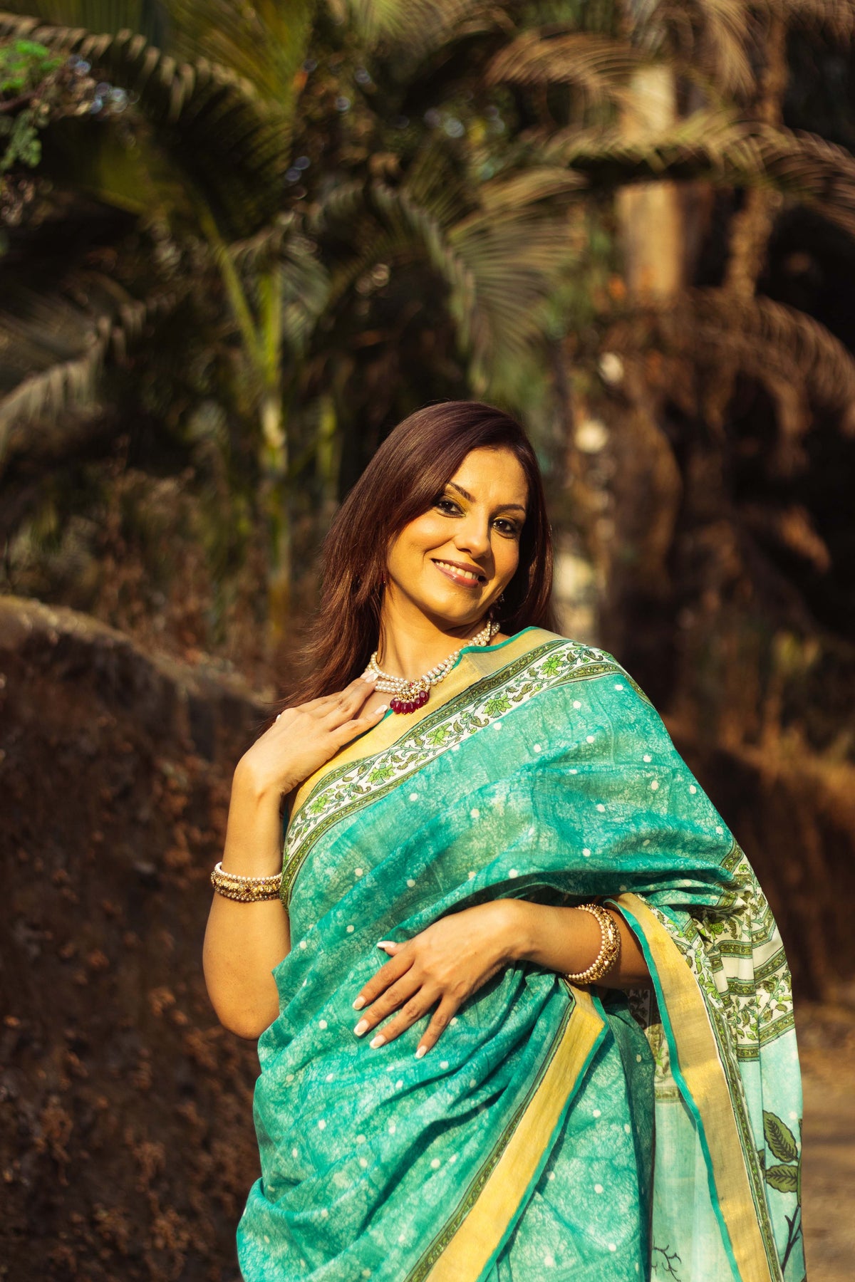 Cotton Kasavu Saree,Tree of Life Design • Sea Green-10