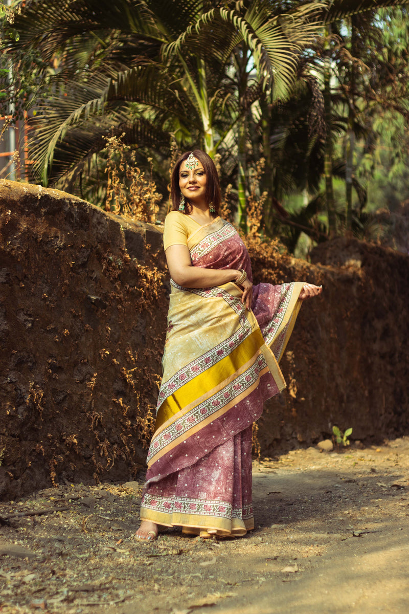 Cotton Kasavu Saree,Tree of Life Design • Wine⁸-7