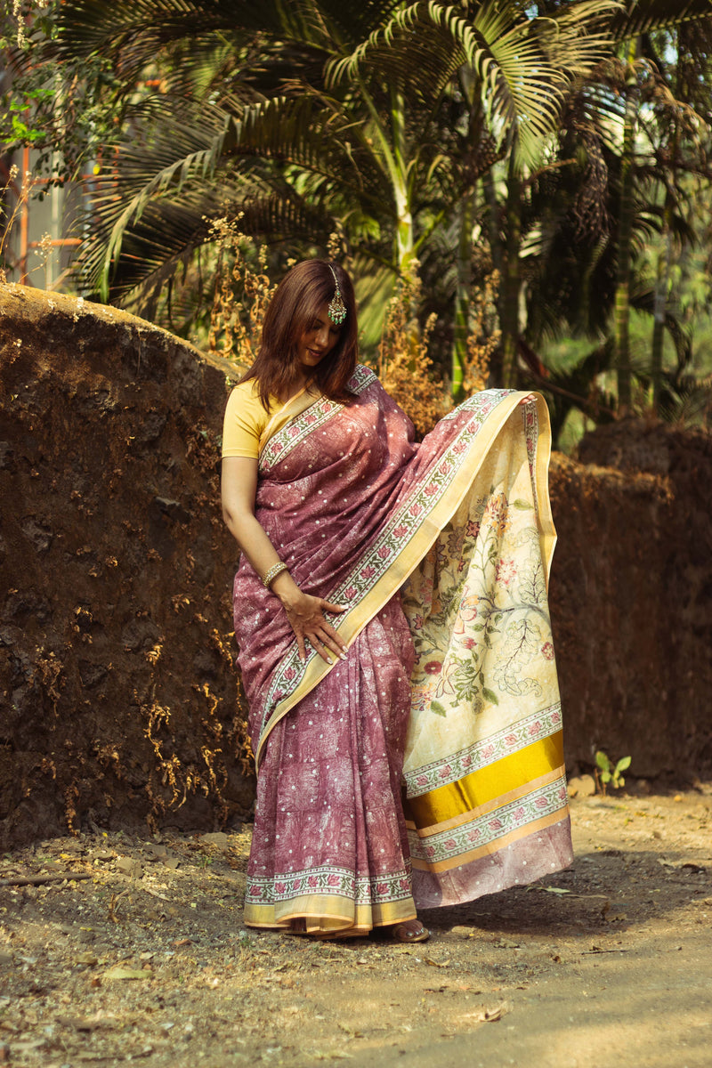 Cotton Kasavu Saree,Tree of Life Design • Wine⁸-8