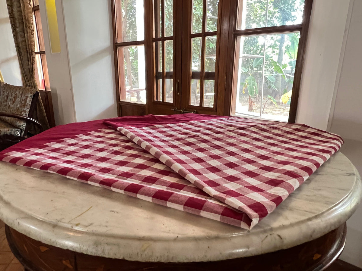Burgundy Checks, handloom cotton single bedsheet (no pillow covers)-4