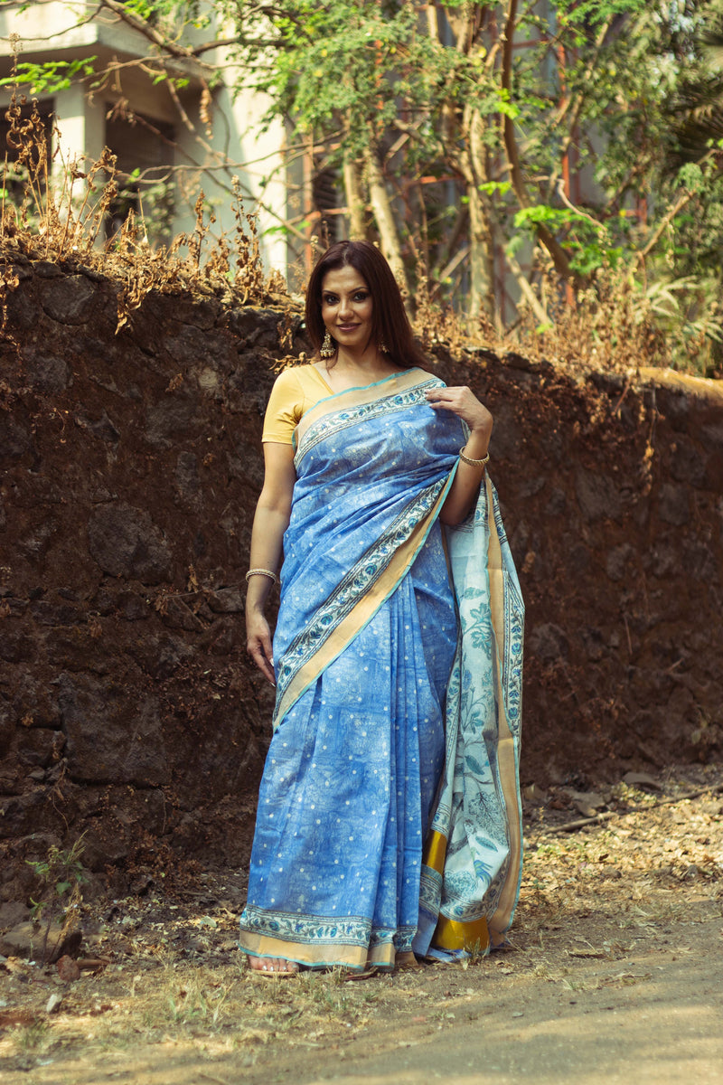 Cotton Kasavu Saree,Tree of Life Design • Blue-1