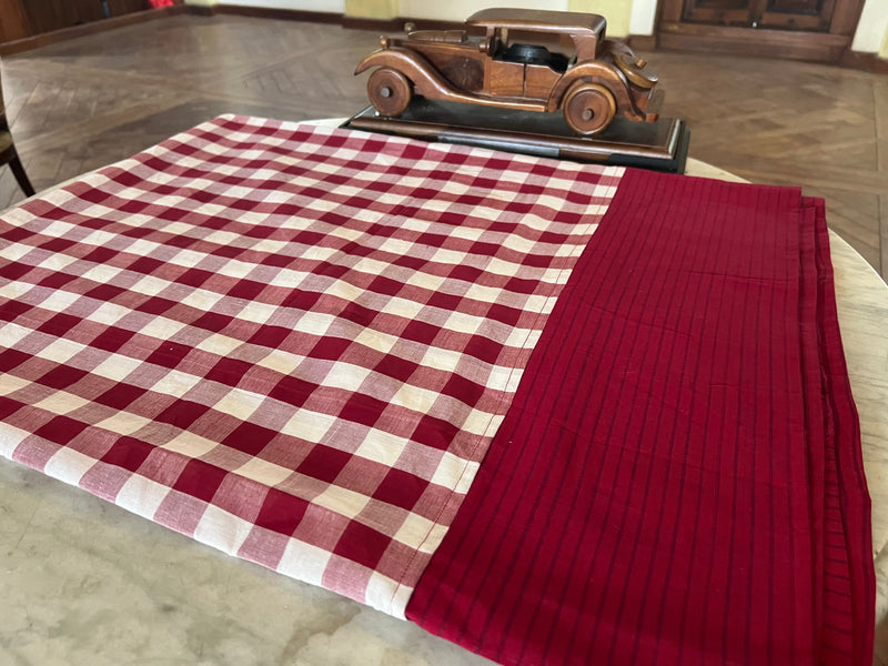 Burgundy Checks, handloom cotton single bedsheet (no pillow covers)-15