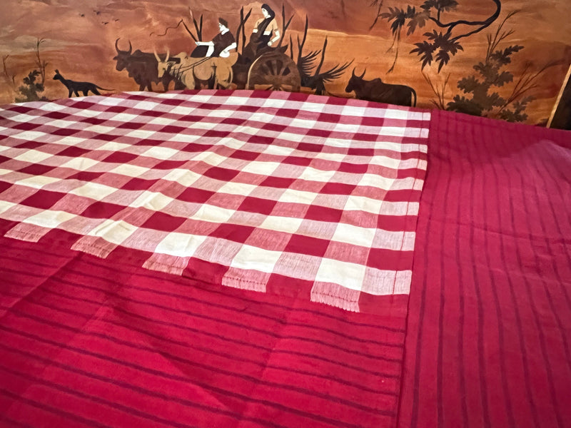 Burgundy Checks, handloom cotton single bedsheet (no pillow covers)-6