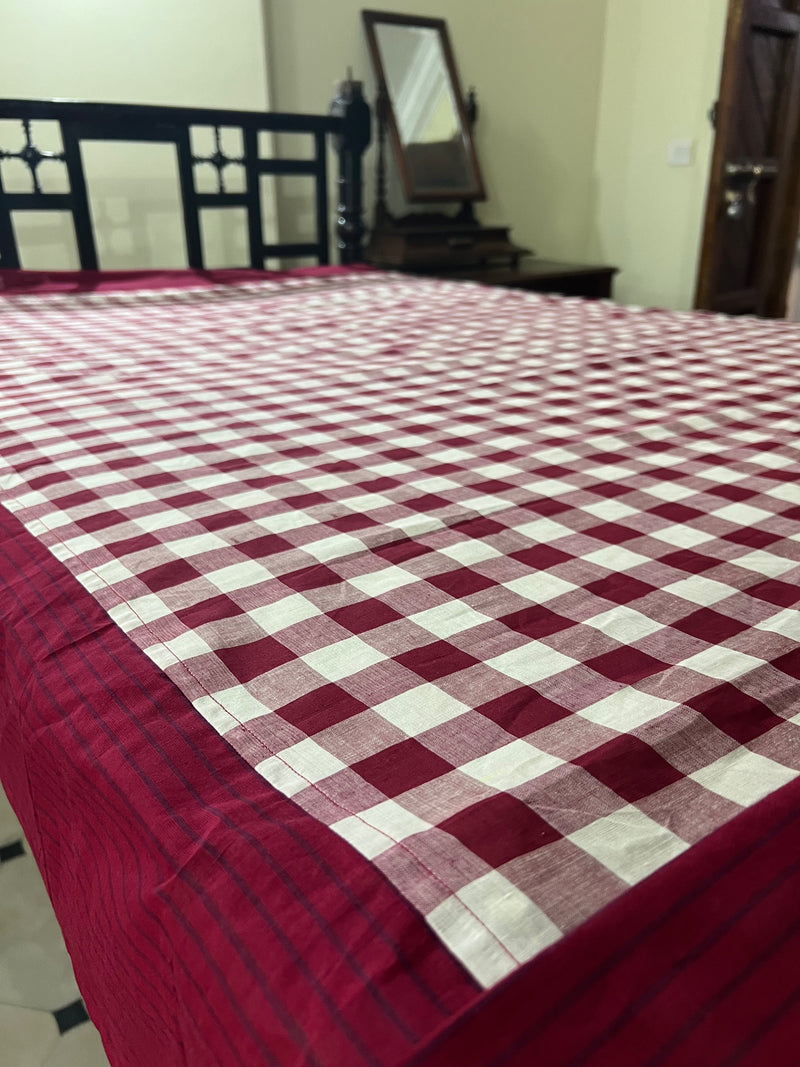 Burgundy Checks, handloom cotton single bedsheet (no pillow covers)-1