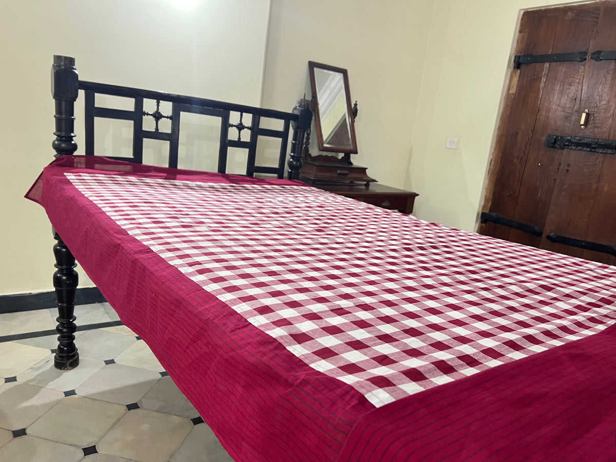 Burgundy Checks, handloom cotton single bedsheet (no pillow covers)-7
