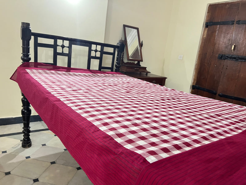 Burgundy Checks, handloom cotton single bedsheet (no pillow covers)-7