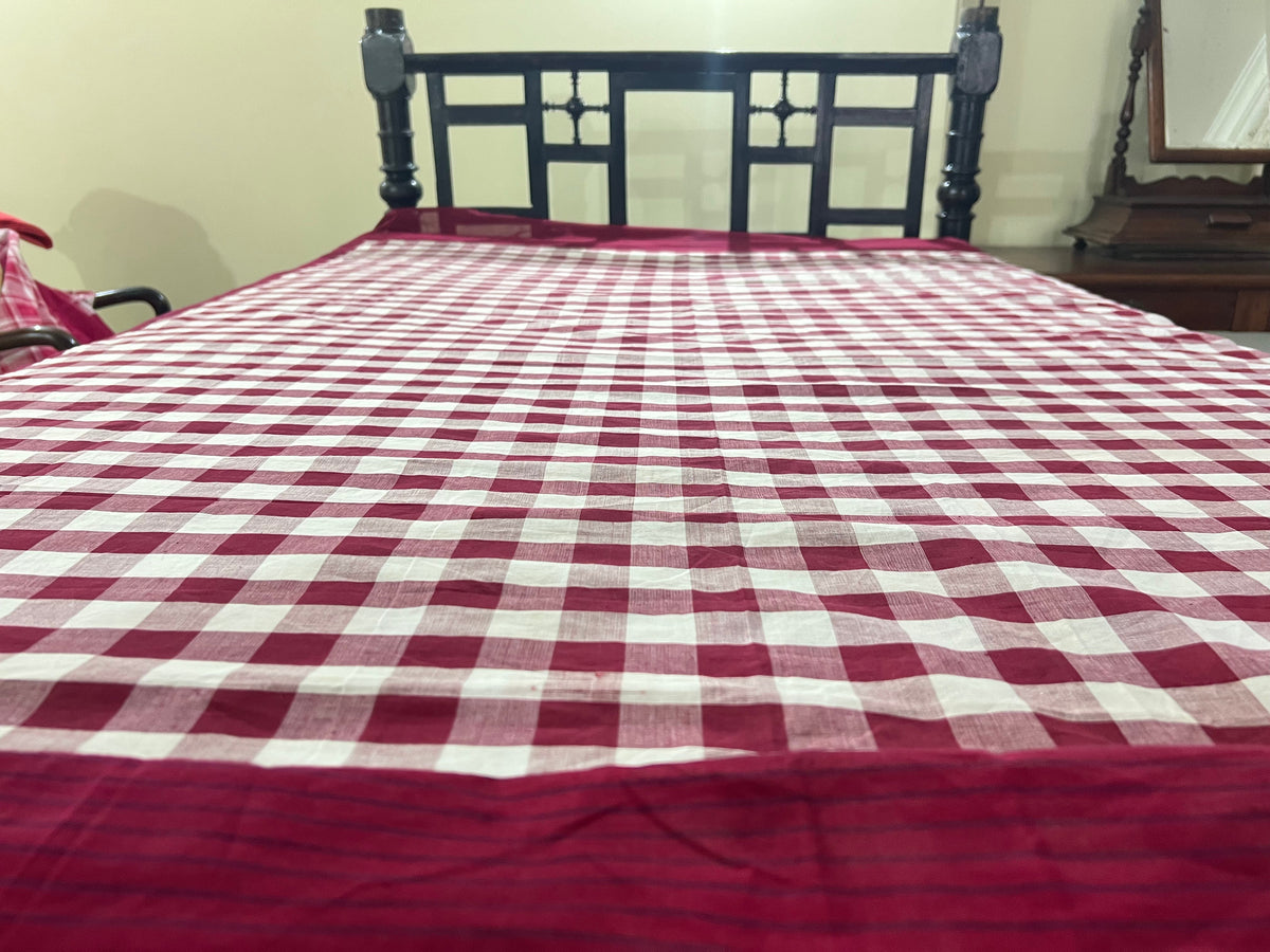 Burgundy Checks, handloom cotton single bedsheet (no pillow covers)-8