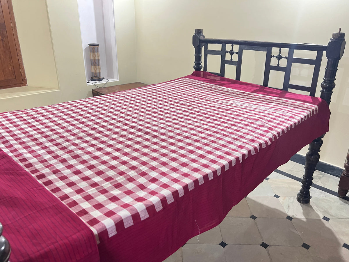 Burgundy Checks, handloom cotton single bedsheet (no pillow covers)-9