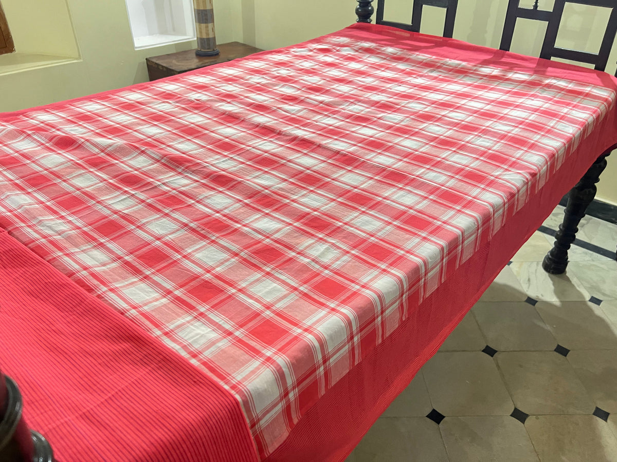 Orange Checks, handloom cotton single bedsheet (no pillow covers)-9