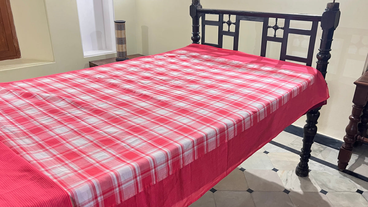 Orange Checks, handloom cotton single bedsheet (no pillow covers)-10