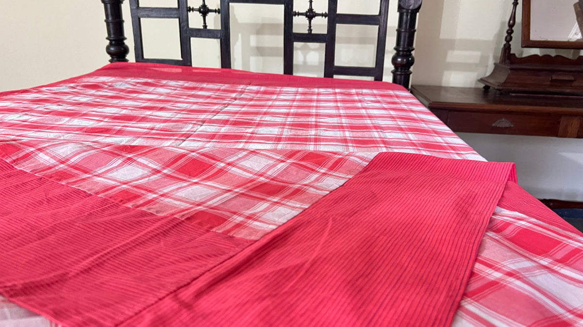 Orange Checks, handloom cotton single bedsheet (no pillow covers)-1