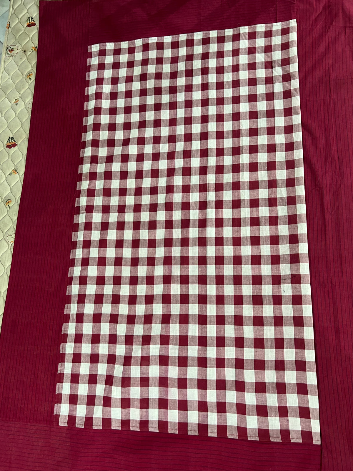 Burgundy Checks, handloom cotton single bedsheet (no pillow covers)-10