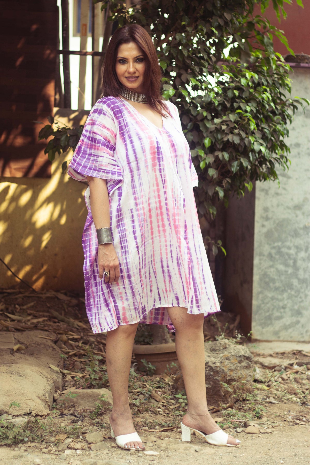 Tie-dyed Cotton Mul Kaftan tunic/dress · Bubble Gum-7