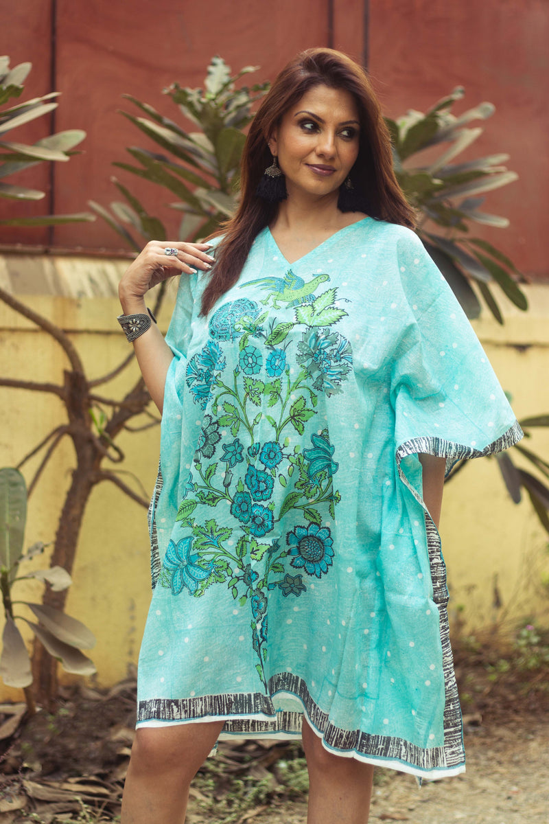 Hand Block Printed and Hand Painted Cotton Mul Kaftan · Teal Tree Of Life-2
