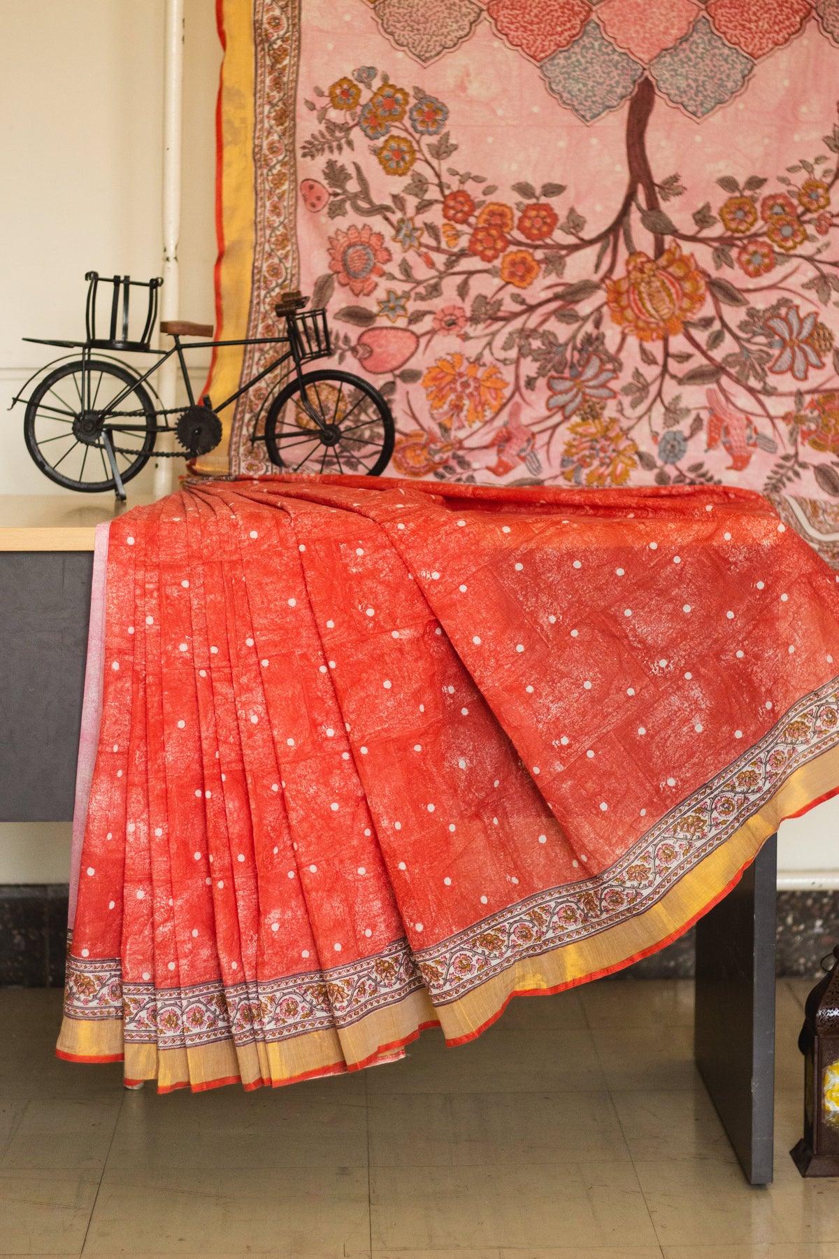 Cotton Kasavu Saree,Tree of Life Design • Coral-3