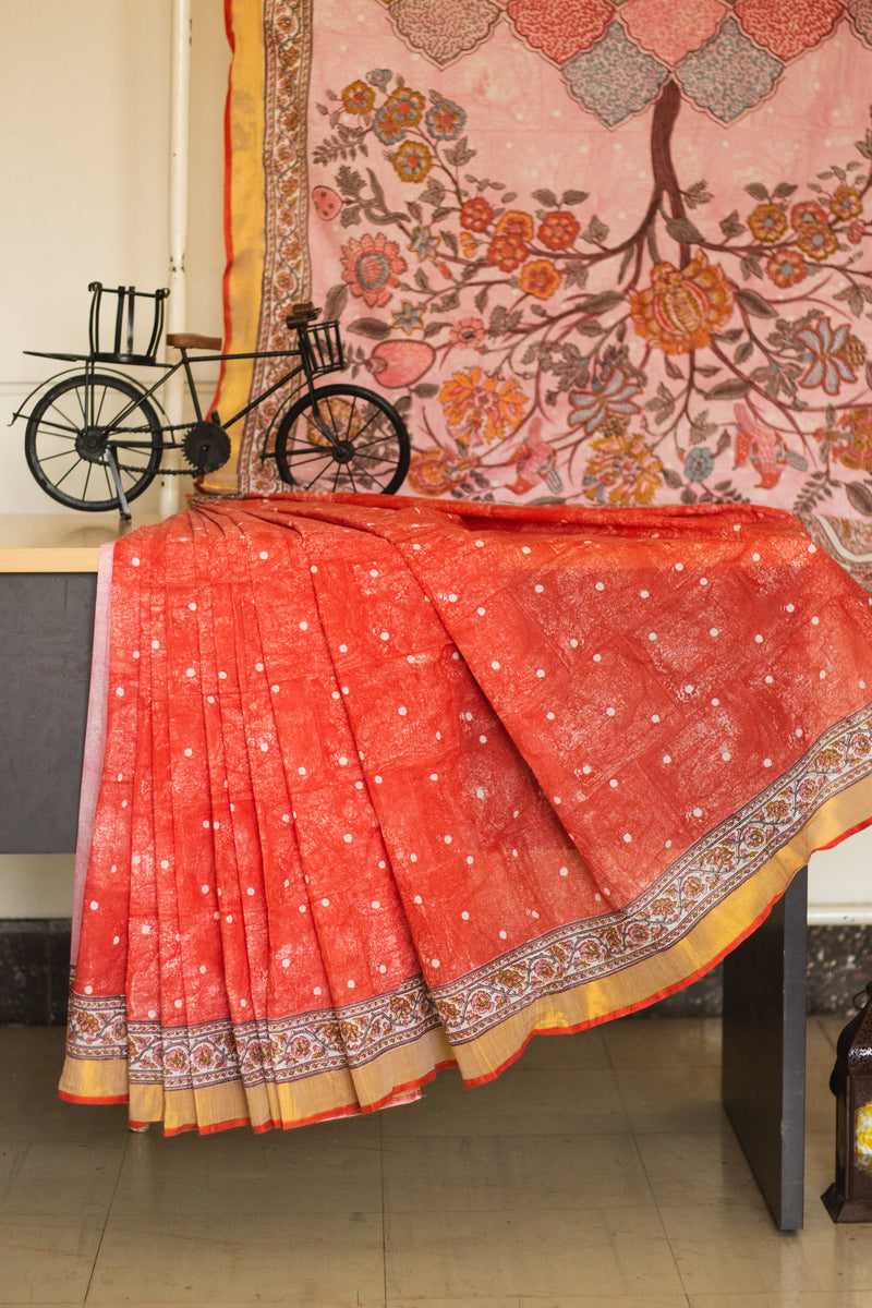 Cotton Kasavu Saree,Tree of Life Design • Coral-3
