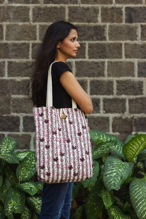 Cotton Shopping Tote Bag · Flowers With Stripes Red-6