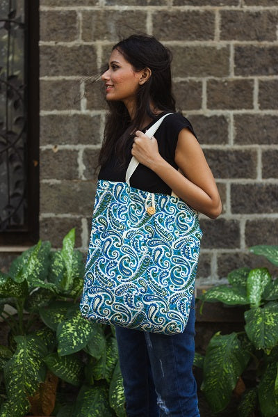 Cotton Shopping Tote Bag · Paisley Delight Blue-6