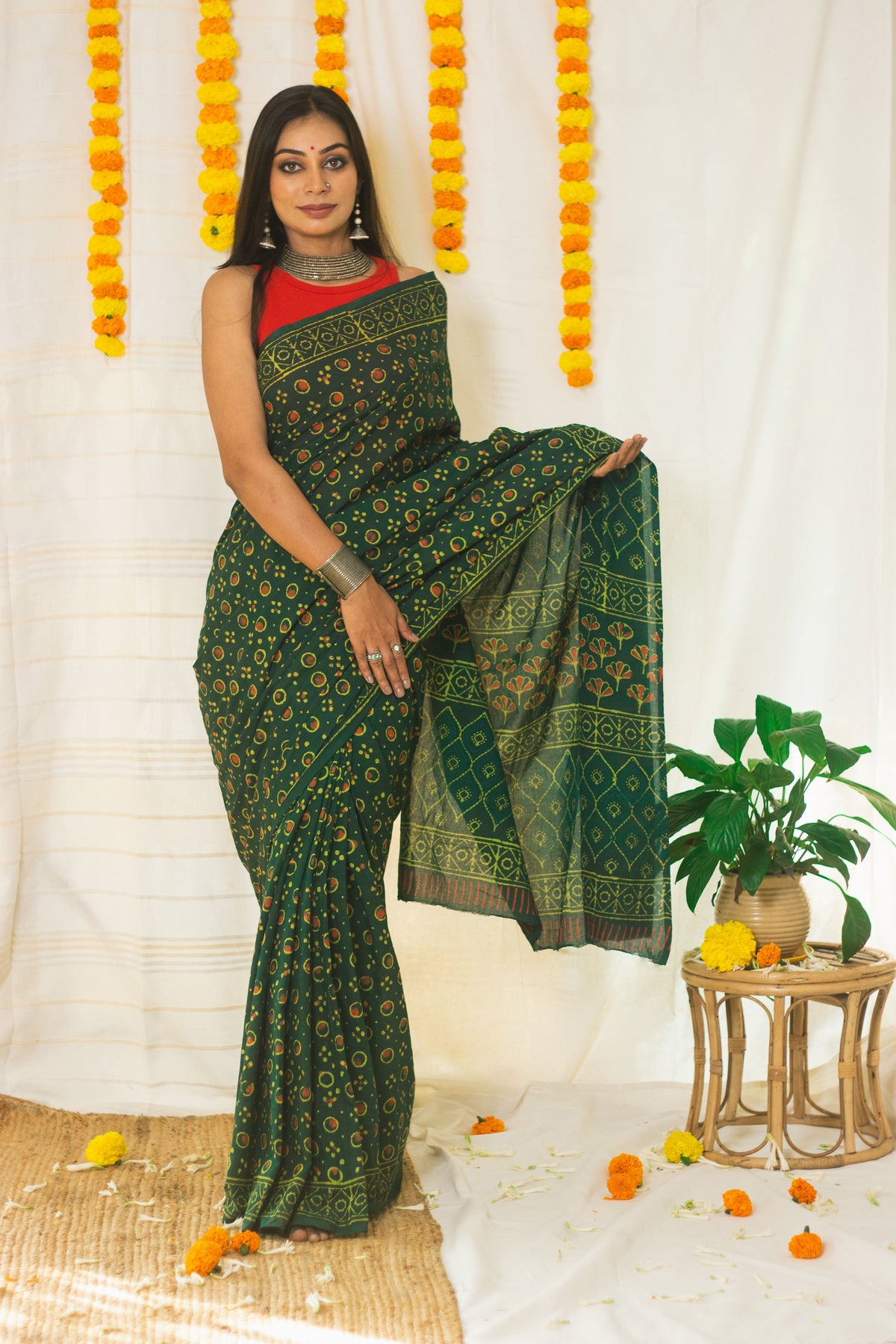 Cotton Mul Bagru Saree Green Ember-9