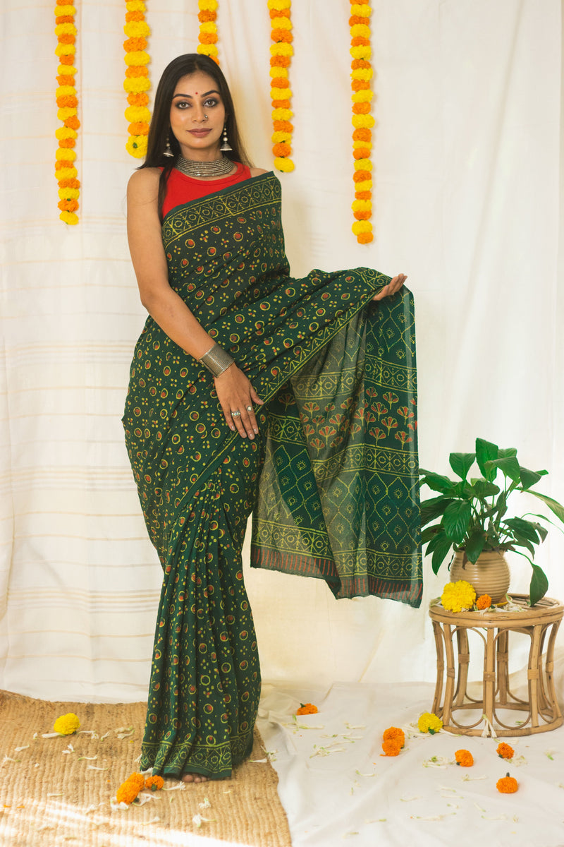 Cotton Mul Bagru Saree Green Ember-9