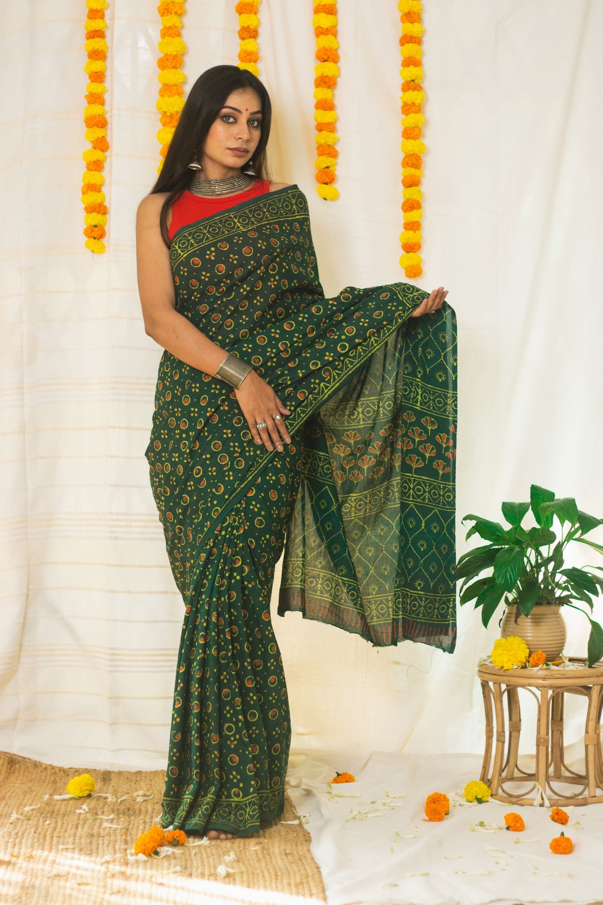 Cotton Mul Bagru Saree Green Ember-8