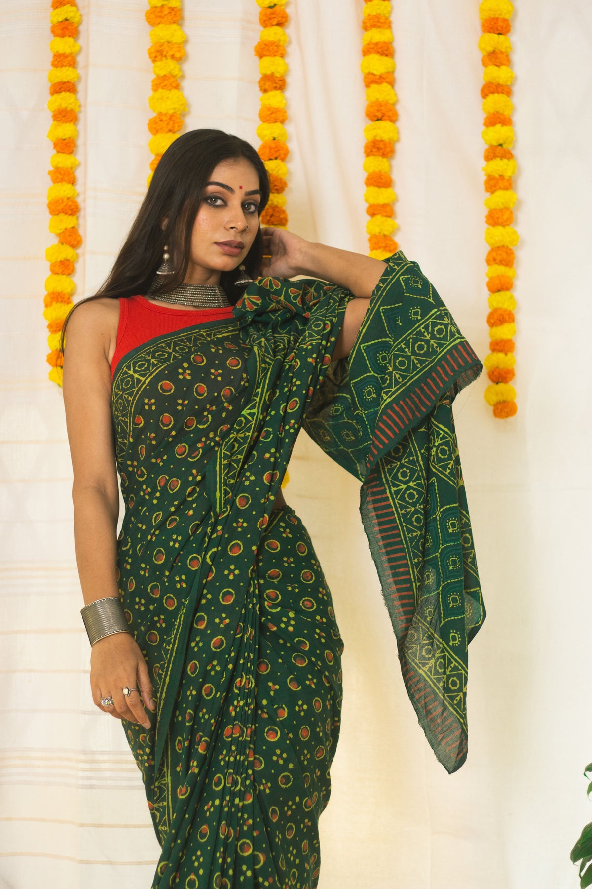 Cotton Mul Bagru Saree Green Ember-7