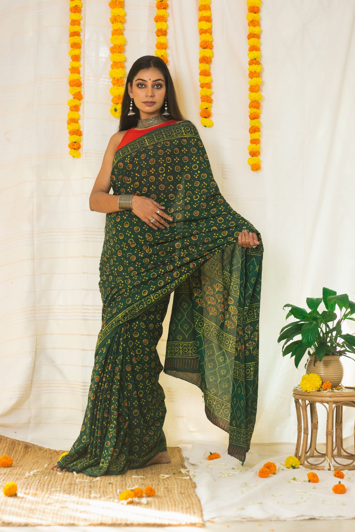 Cotton Mul Bagru Saree Green Ember-1