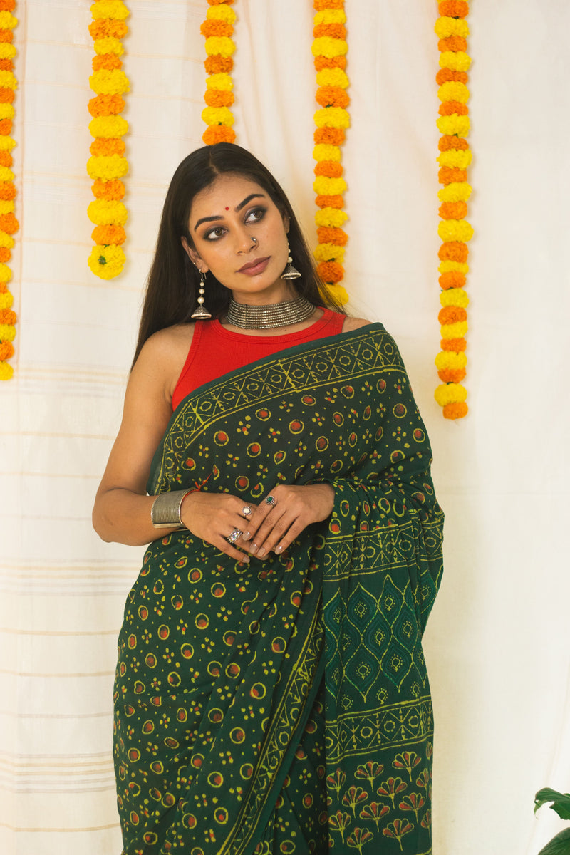 Cotton Mul Bagru Saree Green Ember-2