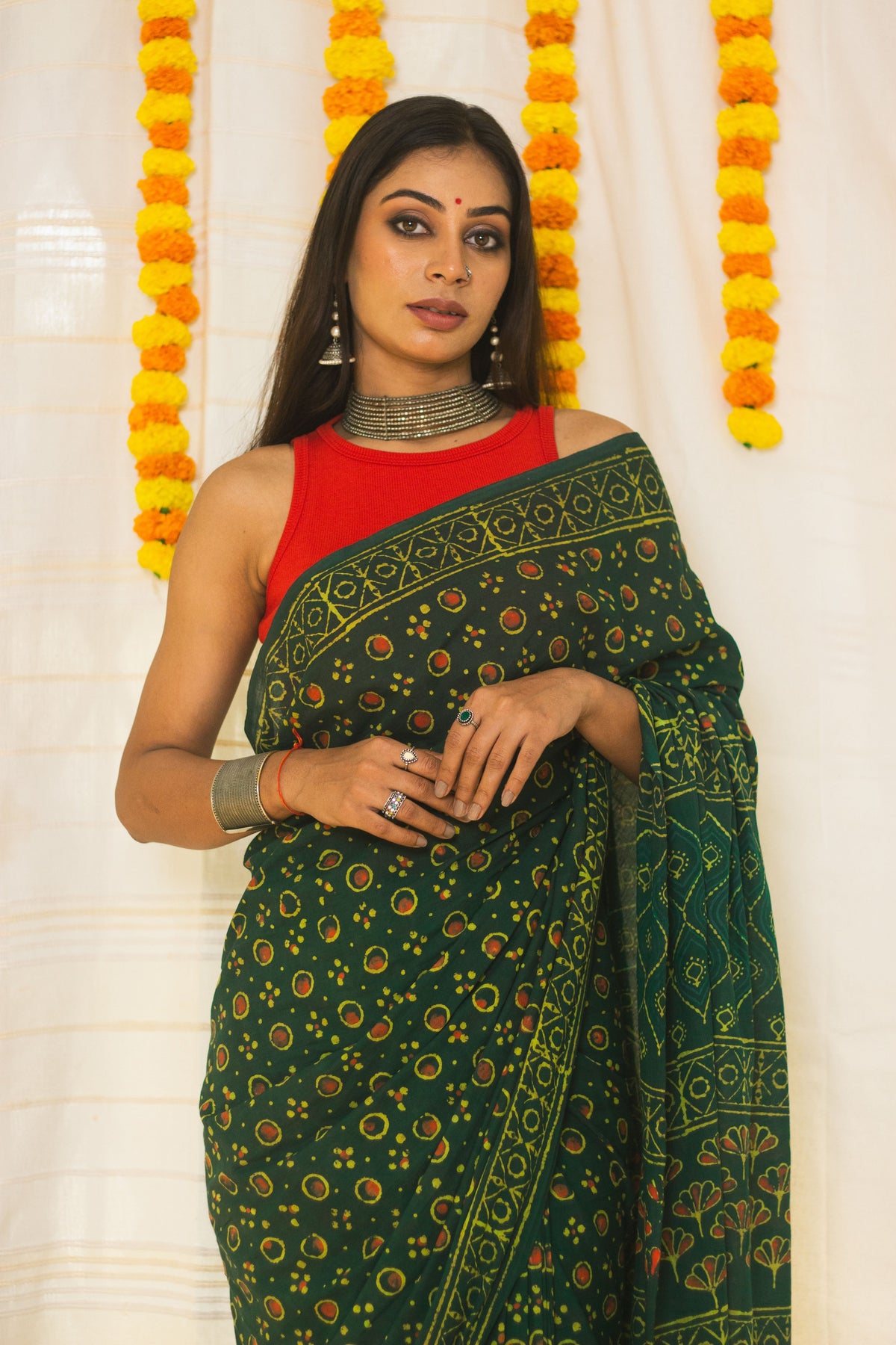 Cotton Mul Bagru Saree Green Ember-6