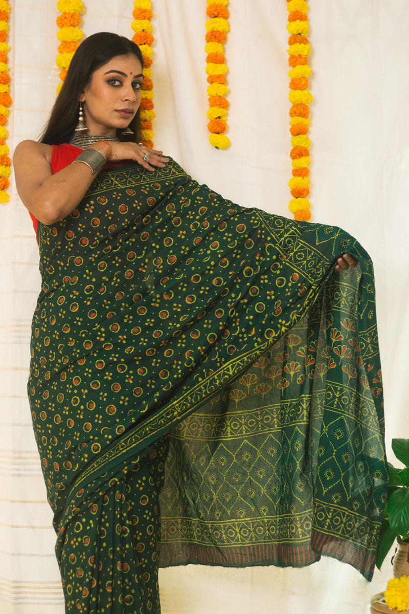 Cotton Mul Bagru Saree Green Ember-5