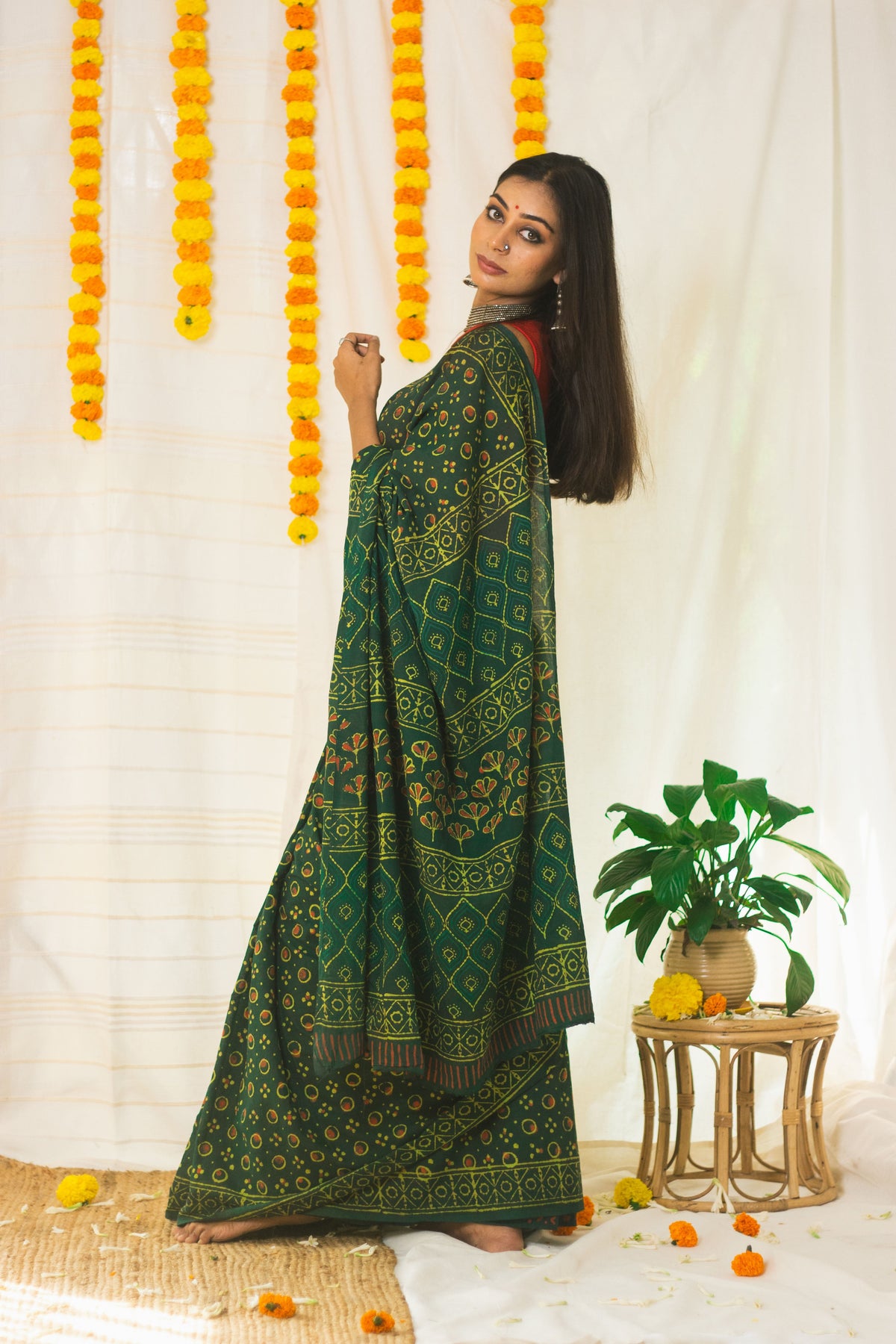 Cotton Mul Bagru Saree Green Ember-4