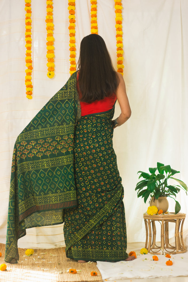Cotton Mul Bagru Saree Green Ember-3