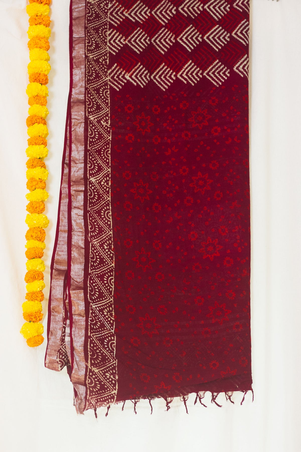 Linen Cotton Bagru Saree Crimson Chevron-13