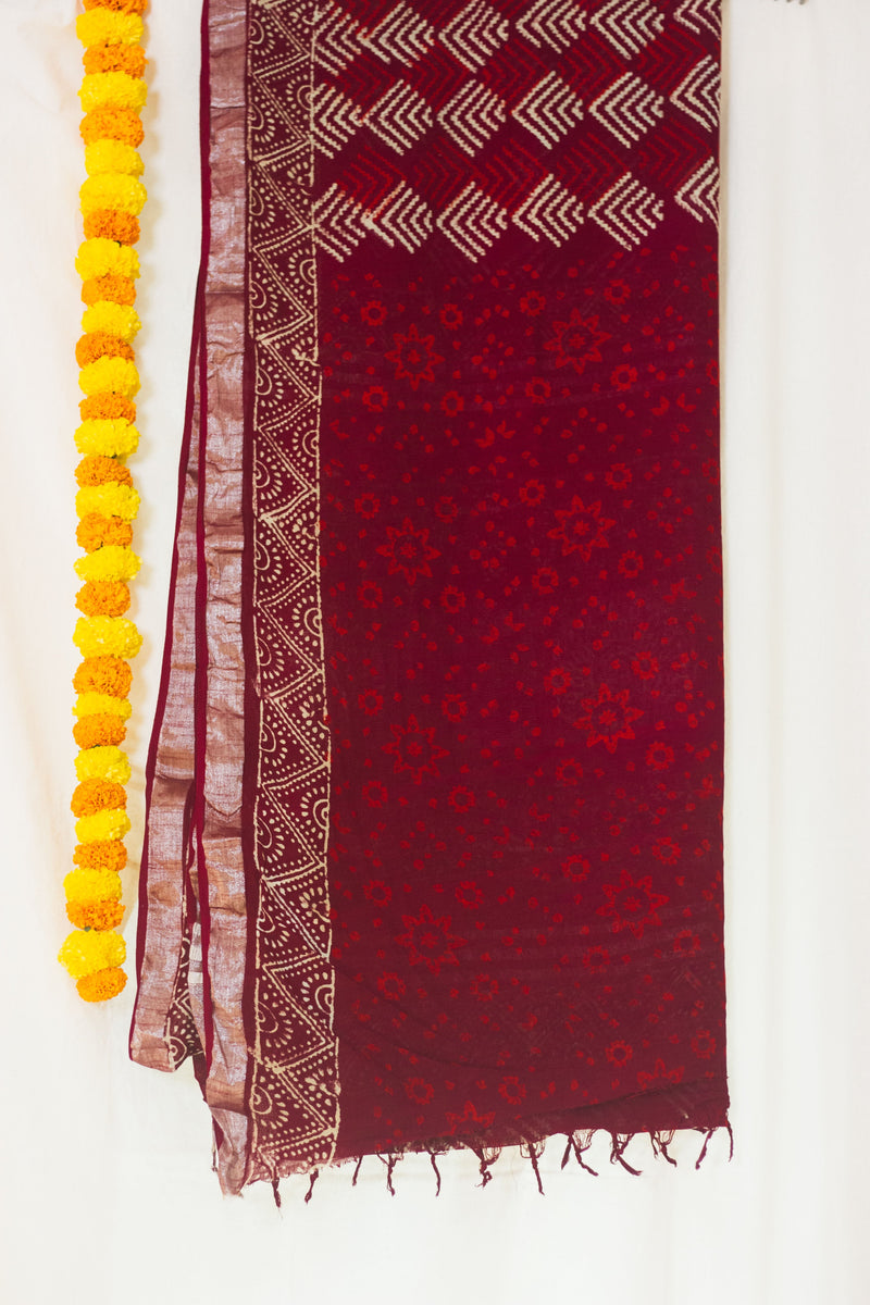 Linen Cotton Bagru Saree Crimson Chevron-13