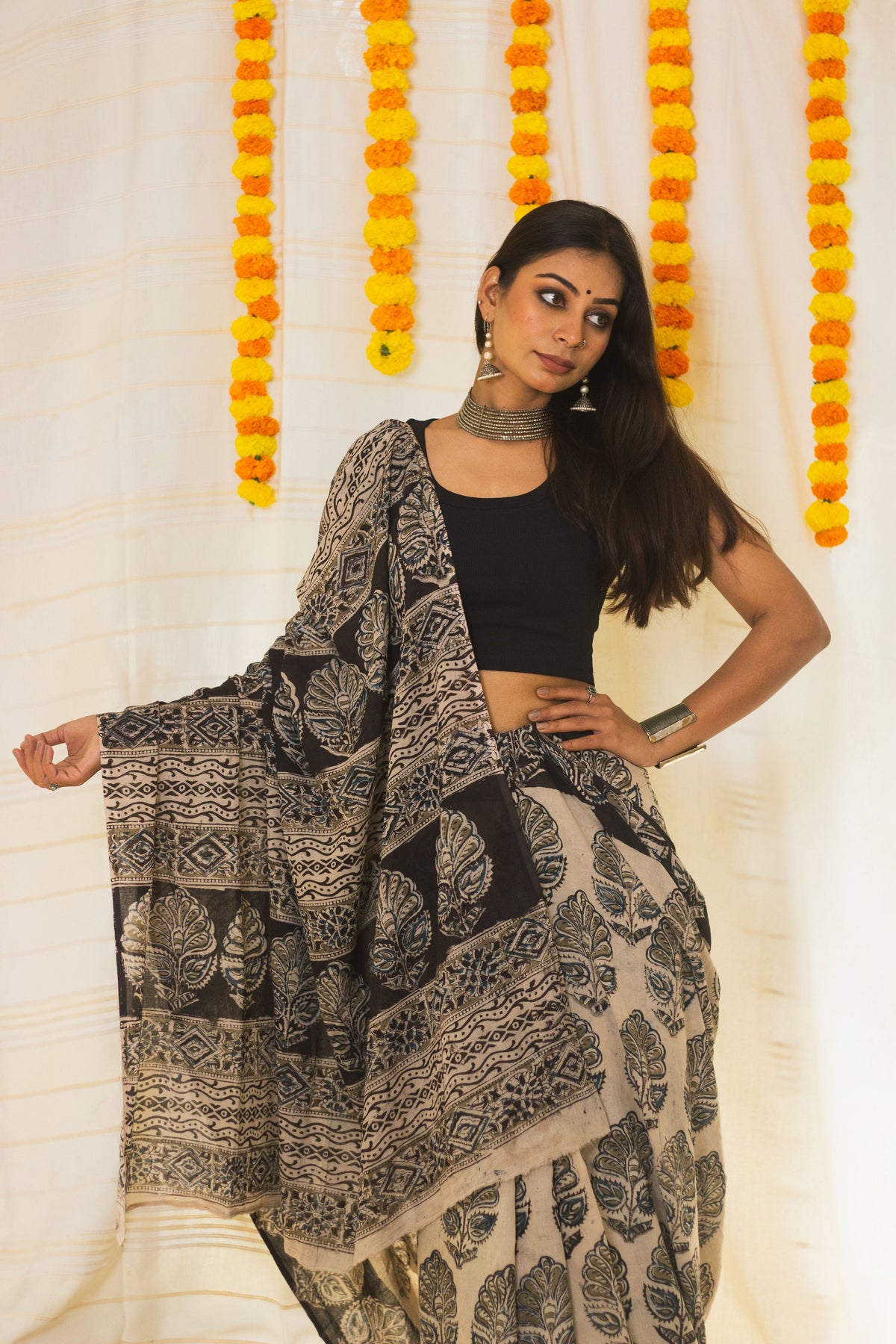 Mul Cotton Block Printed Saree Kalamkari Midnight Magic-8