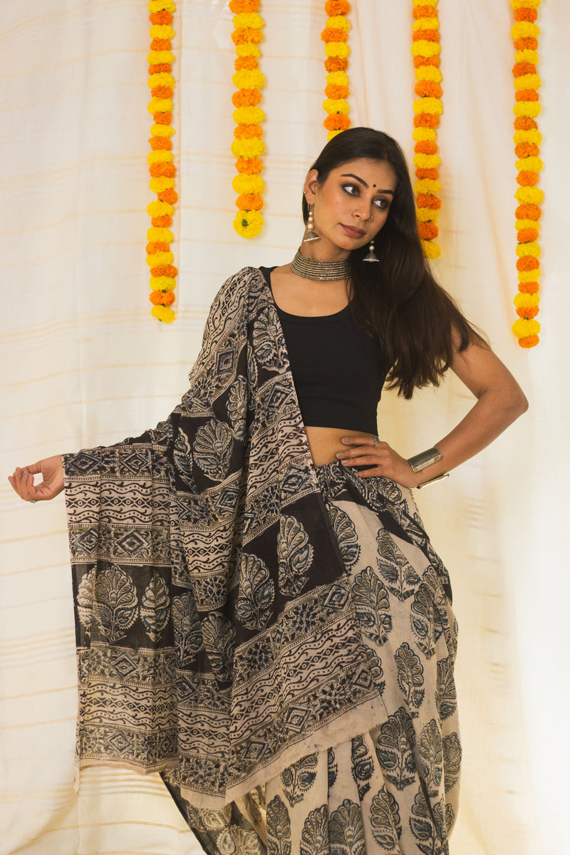 Mul Cotton Block Printed Saree Kalamkari Midnight Magic-8