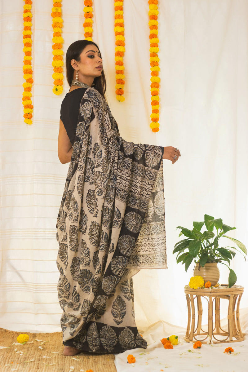 Mul Cotton Block Printed Saree Kalamkari Midnight Magic-2