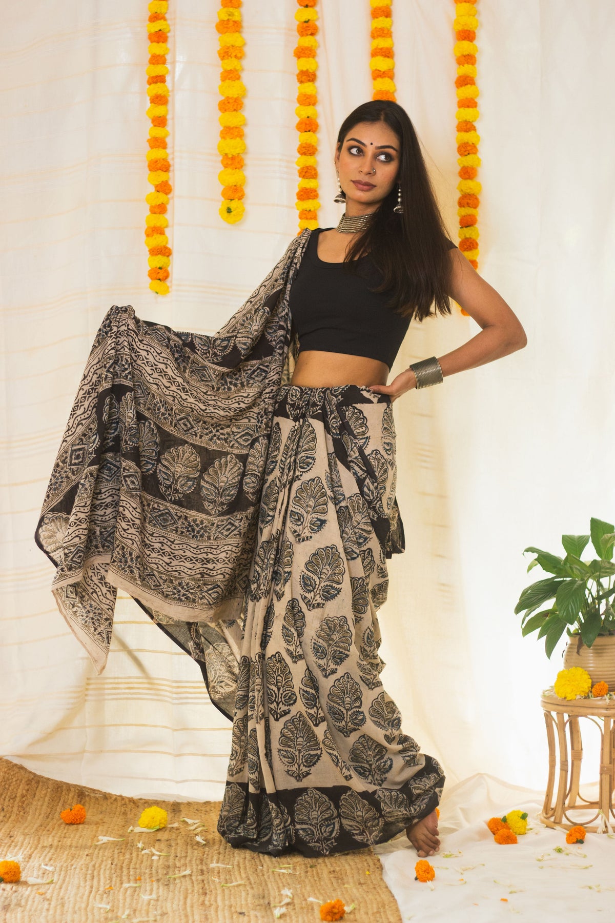 Mul Cotton Block Printed Saree Kalamkari Midnight Magic-7