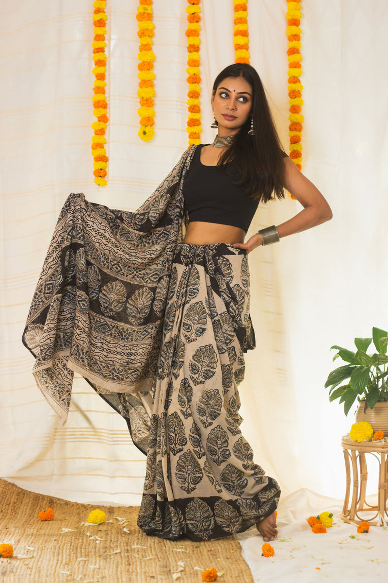 Mul Cotton Block Printed Saree Kalamkari Midnight Magic-7