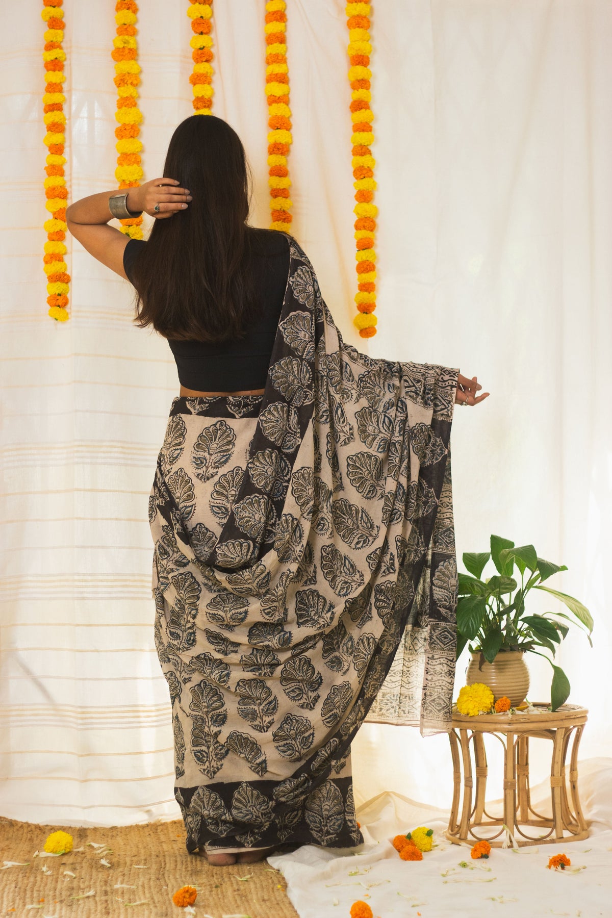 Mul Cotton Block Printed Saree Kalamkari Midnight Magic-6