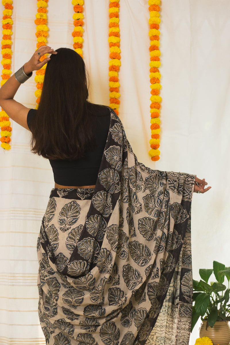 Mul Cotton Block Printed Saree Kalamkari Midnight Magic-5