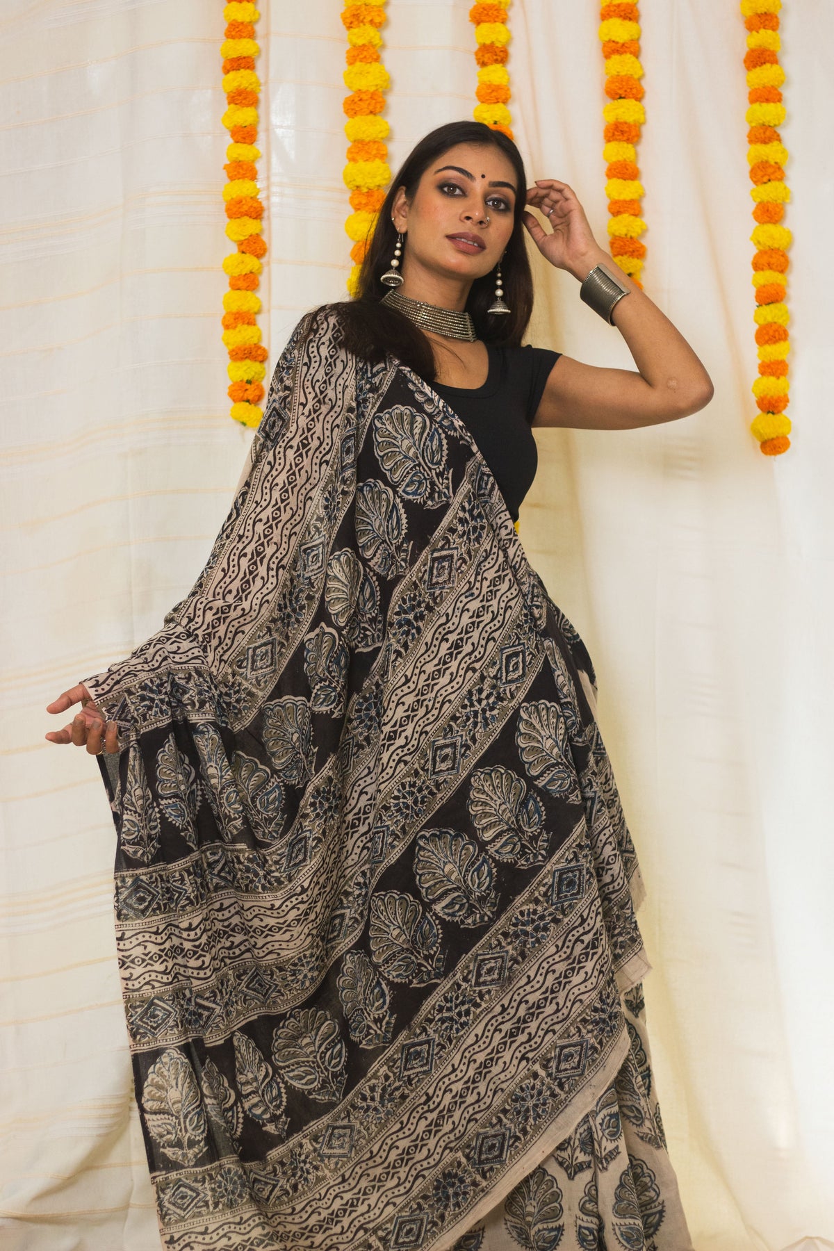 Mul Cotton Block Printed Saree Kalamkari Midnight Magic-4