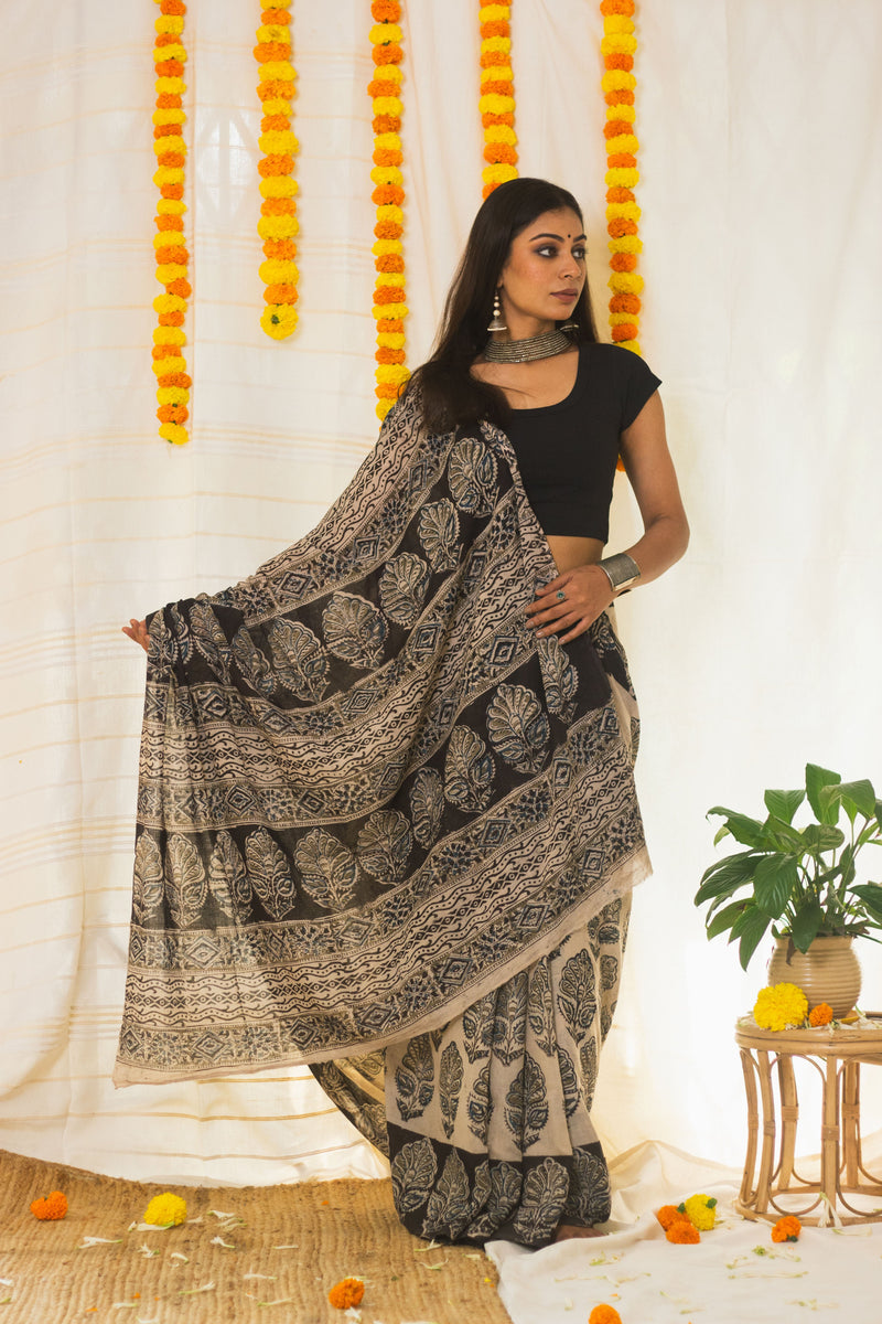 Mul Cotton Block Printed Saree Kalamkari Midnight Magic-1