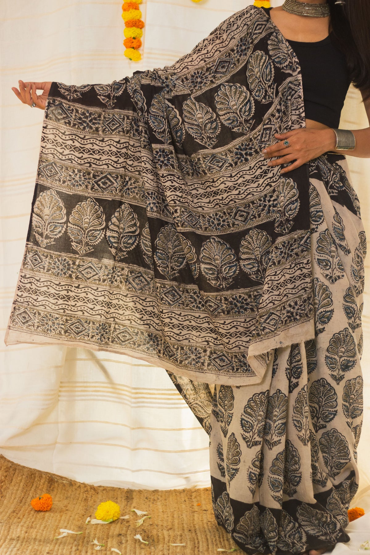 Mul Cotton Block Printed Saree Kalamkari Midnight Magic-3