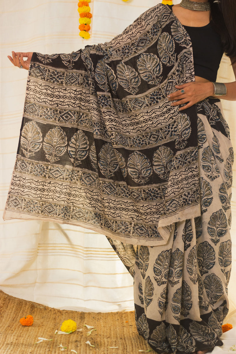 Mul Cotton Block Printed Saree Kalamkari Midnight Magic-3