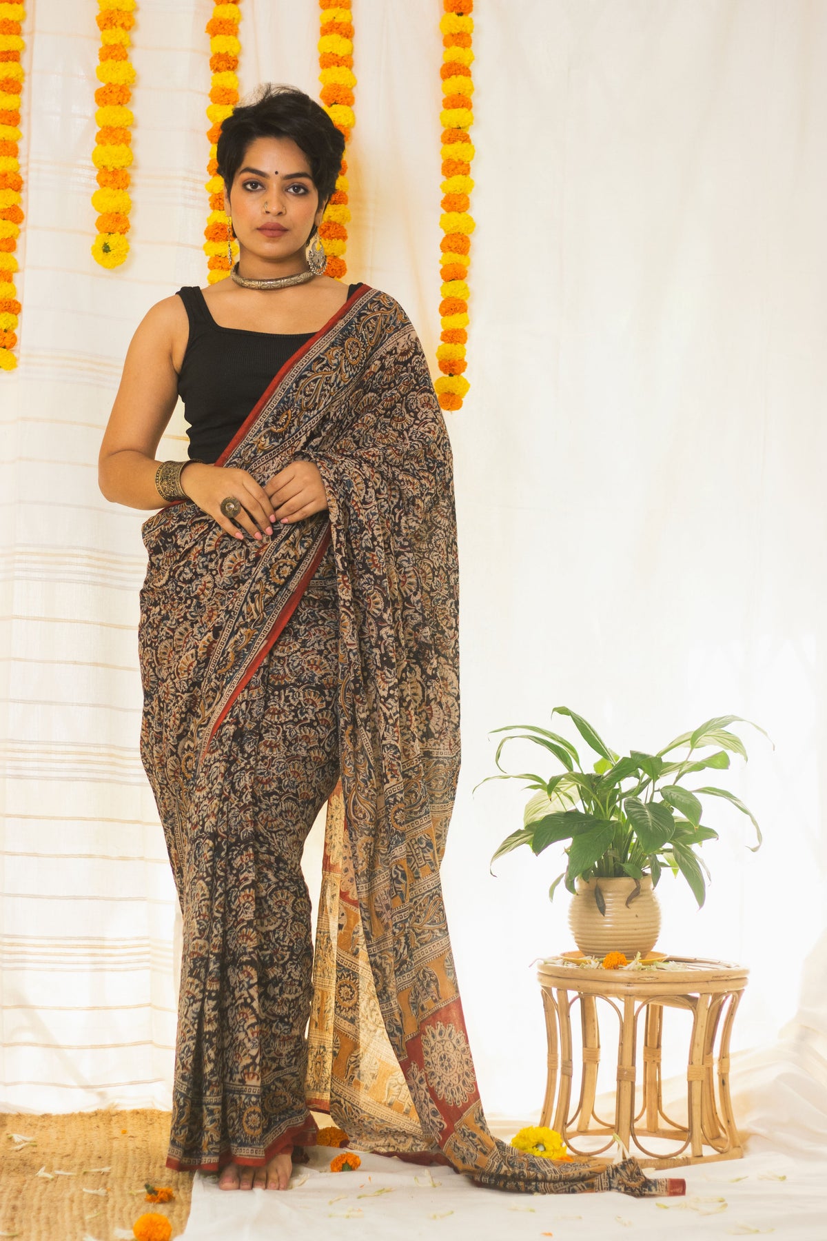 Mul Cotton Block Printed Saree Kalamkari Moonlit Florals-2
