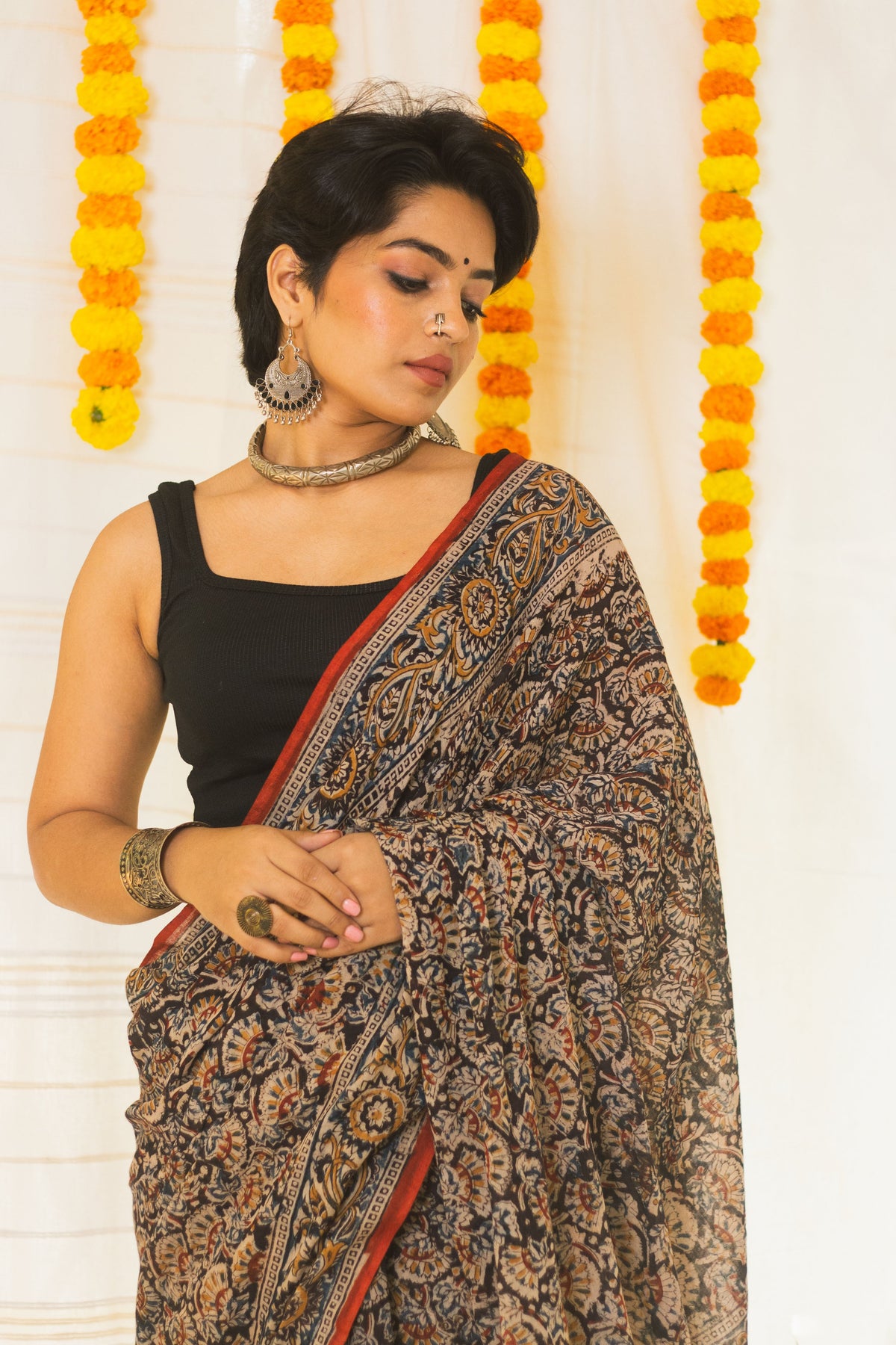 Mul Cotton Block Printed Saree Kalamkari Moonlit Florals-7