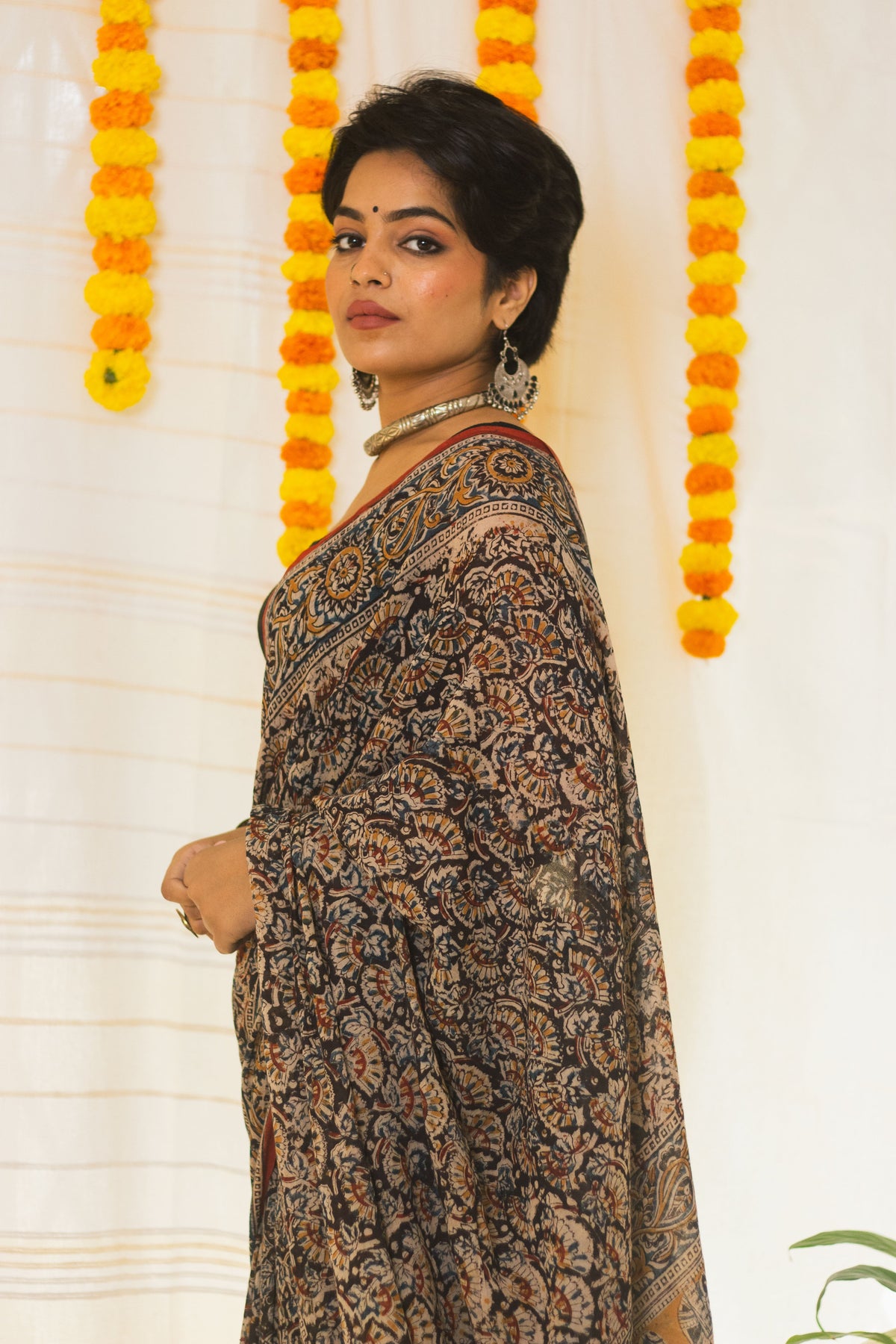 Mul Cotton Block Printed Saree Kalamkari Moonlit Florals-1